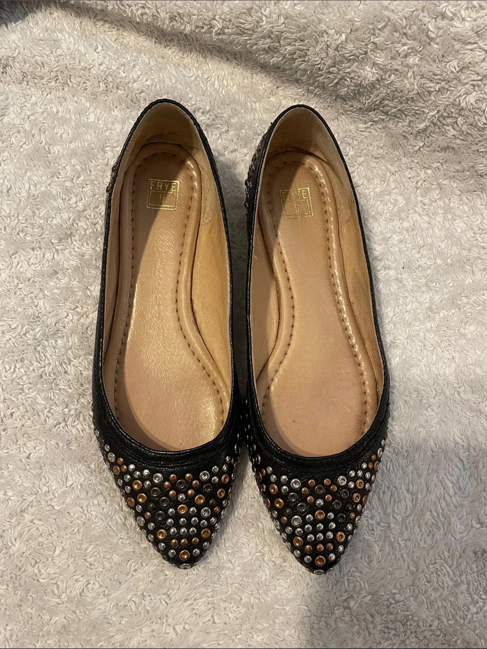 Frye Black Pointed Toe Studded Flats